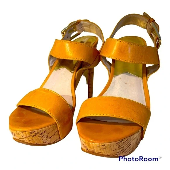 MICHAEL Michael Kors | Goldenrod Leather and Cork Platform Sandals - Picture 2 of 13